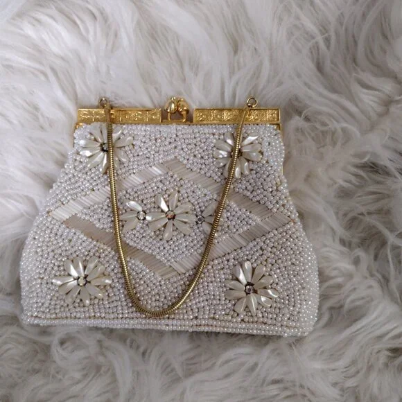 Vintage White Beaded Floral Evening Purse Gold Frame Handheld Clutch - Picture 9 of 11